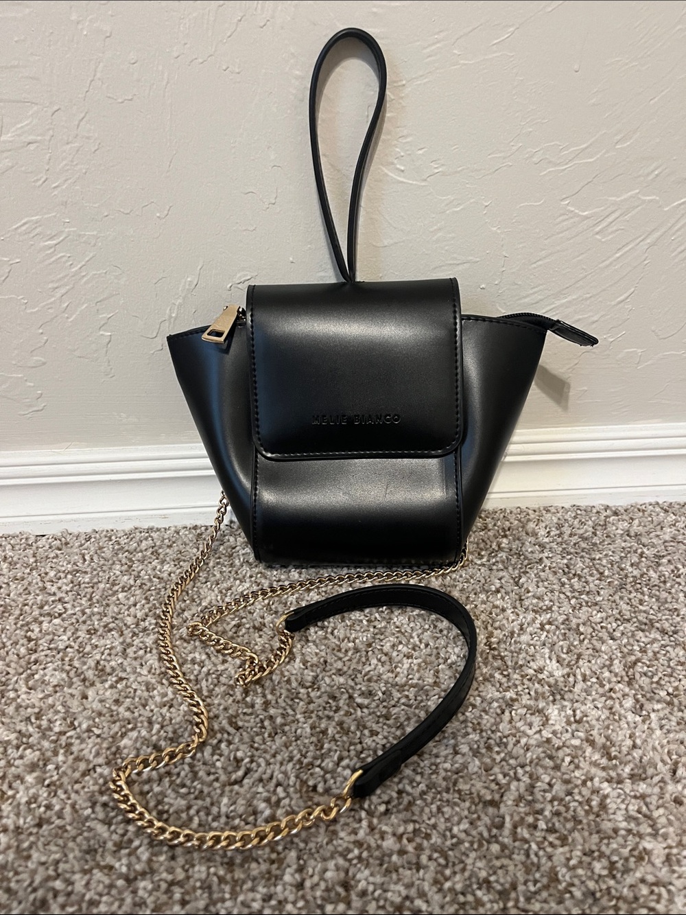 Melie Bianco Black Mini Crossbody with Gold Chain